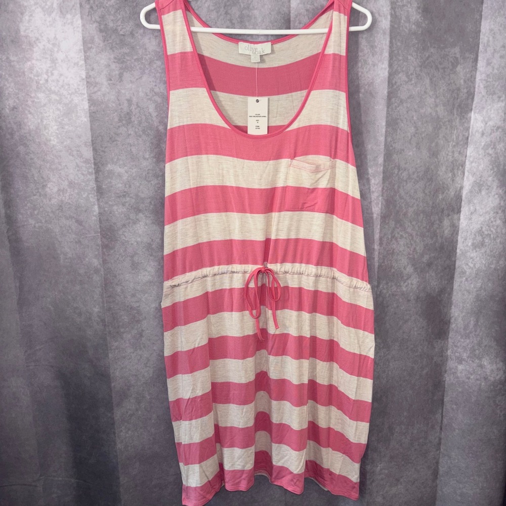 NWT Olive & Oak Striped Sleeveless Drawstring Tank Dress Womens XL Pink Cream